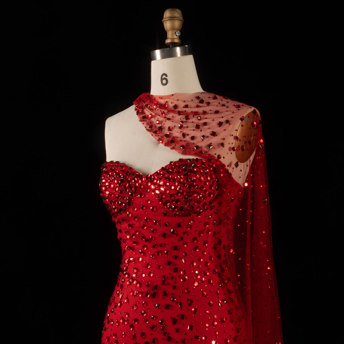 Luxury Red Sheer Mesh Crystal Beaded Mermaid Evening Dress with Cape SS711