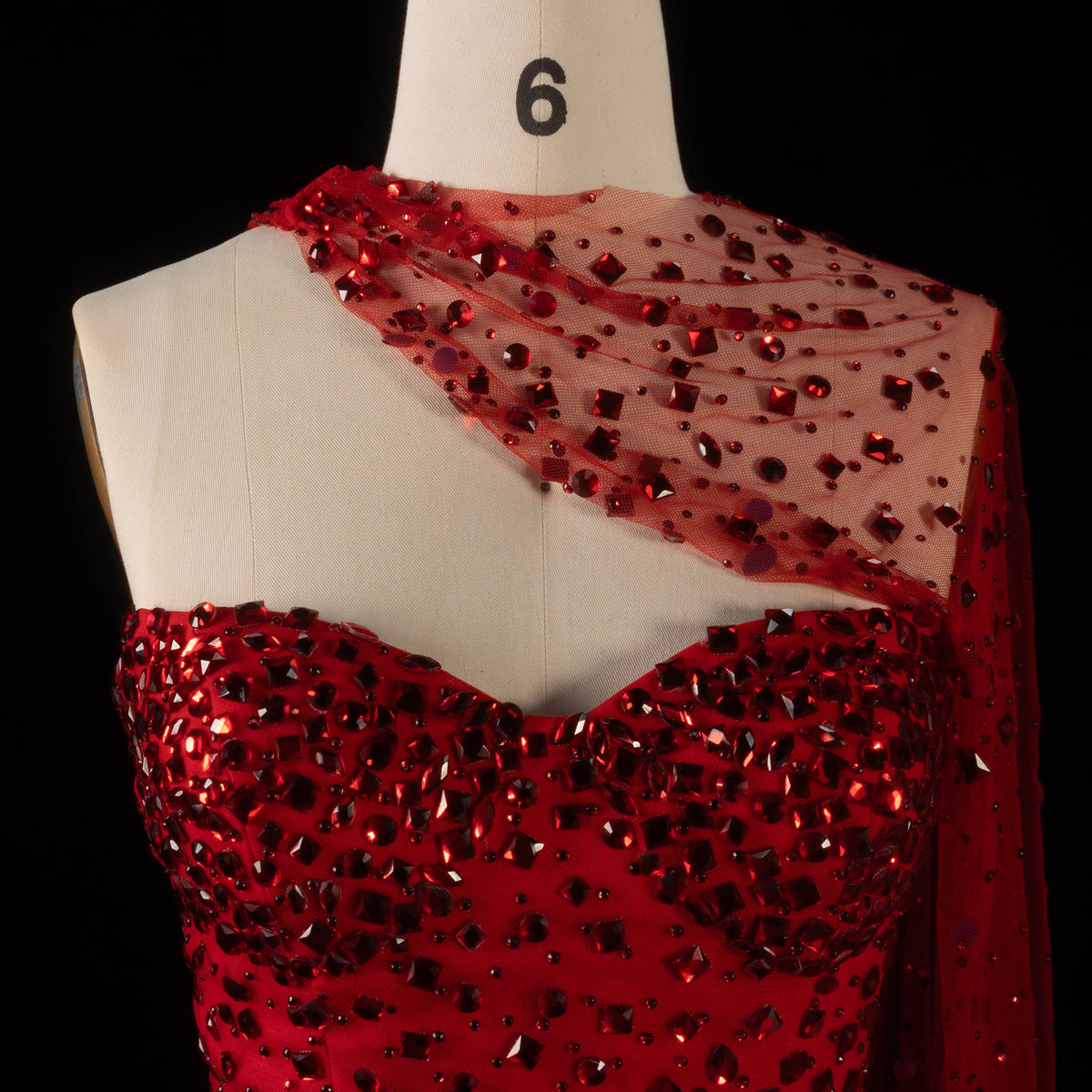 Luxury Red Sheer Mesh Crystal Beaded Mermaid Evening Dress with Cape SS711