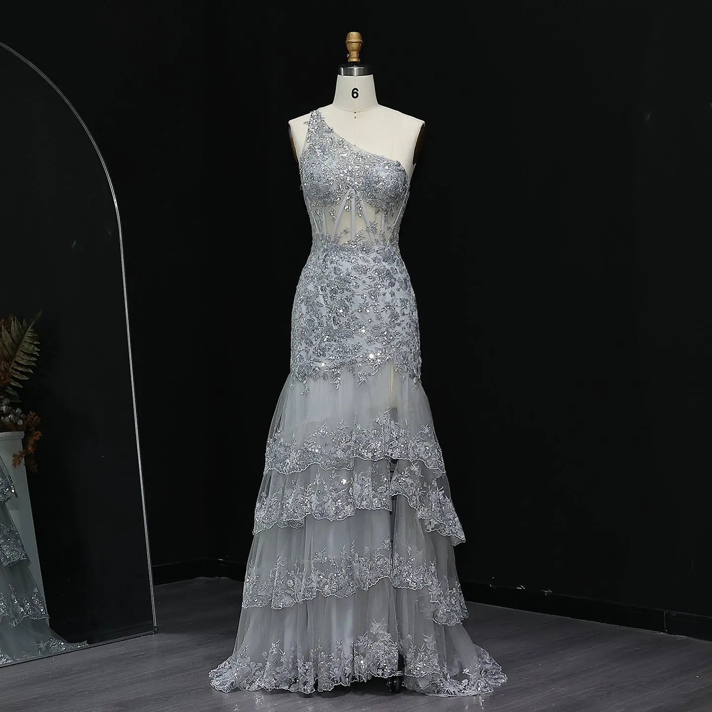 Luxury Gray One-Shoulder Beaded Tiered High-Slit Prom Dress SH152