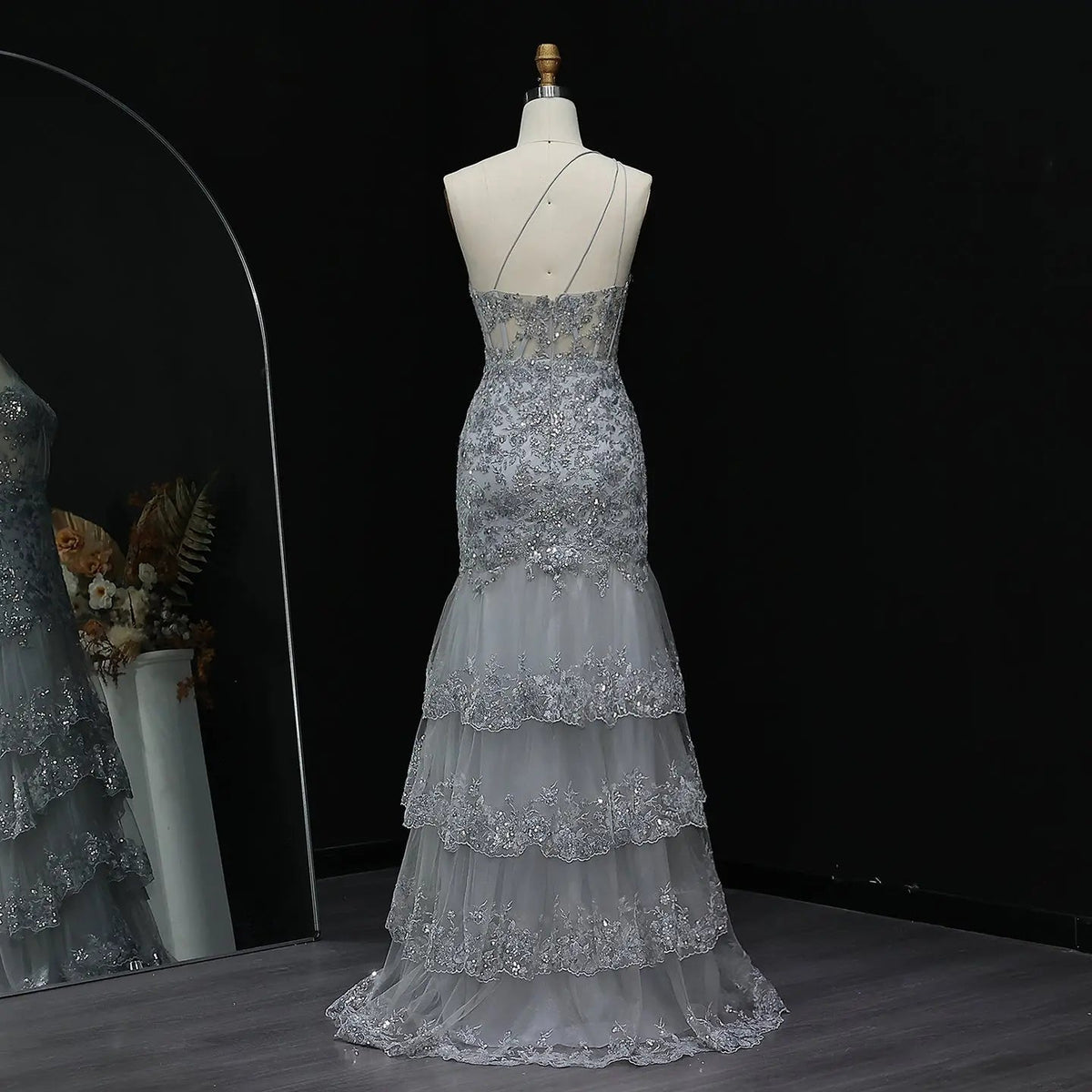 Luxury Gray One-Shoulder Beaded Tiered High-Slit Prom Dress SH152