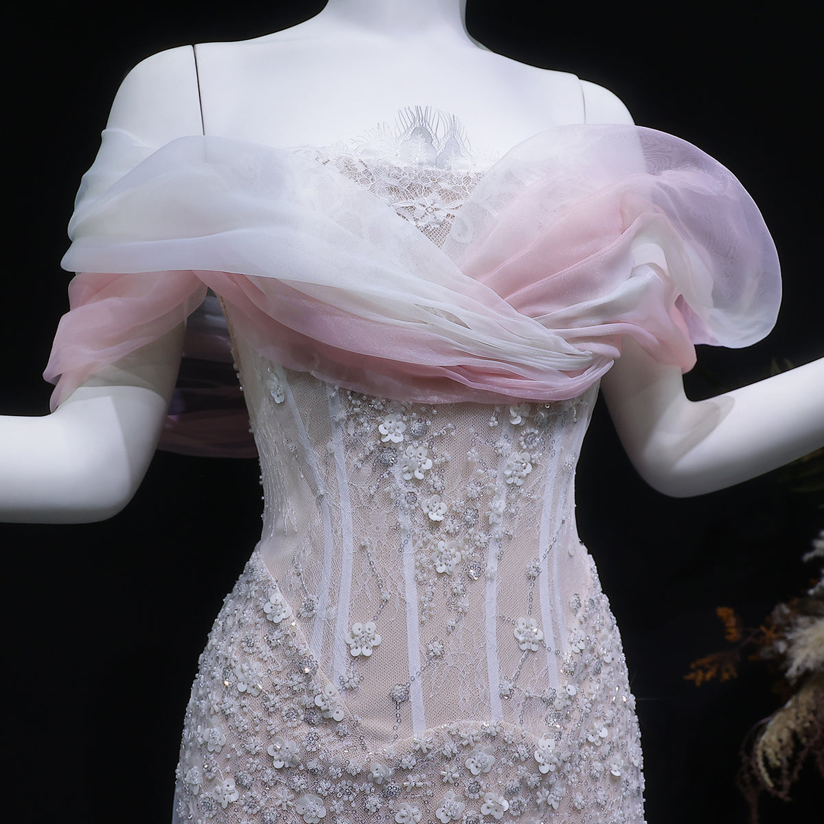 Elegant Blush Pink Draped Sequin Off-the-Shoulder Evening Dress SS519