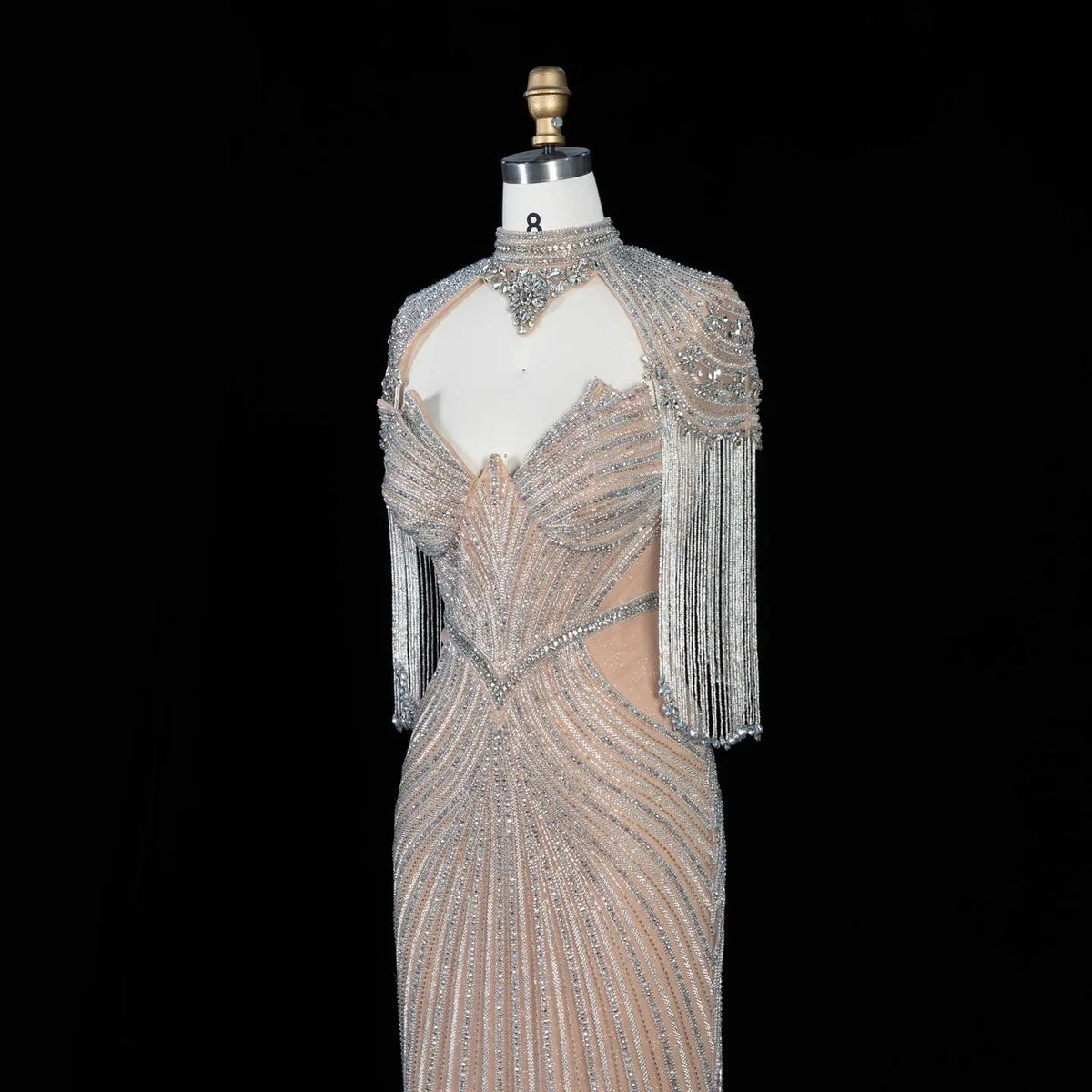 Pink Crystal Embellished Mermaid Gown with Shoulder Tassel Details SS067