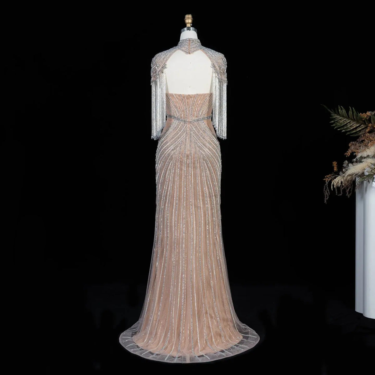 Pink Crystal Embellished Mermaid Gown with Shoulder Tassel Details SS067