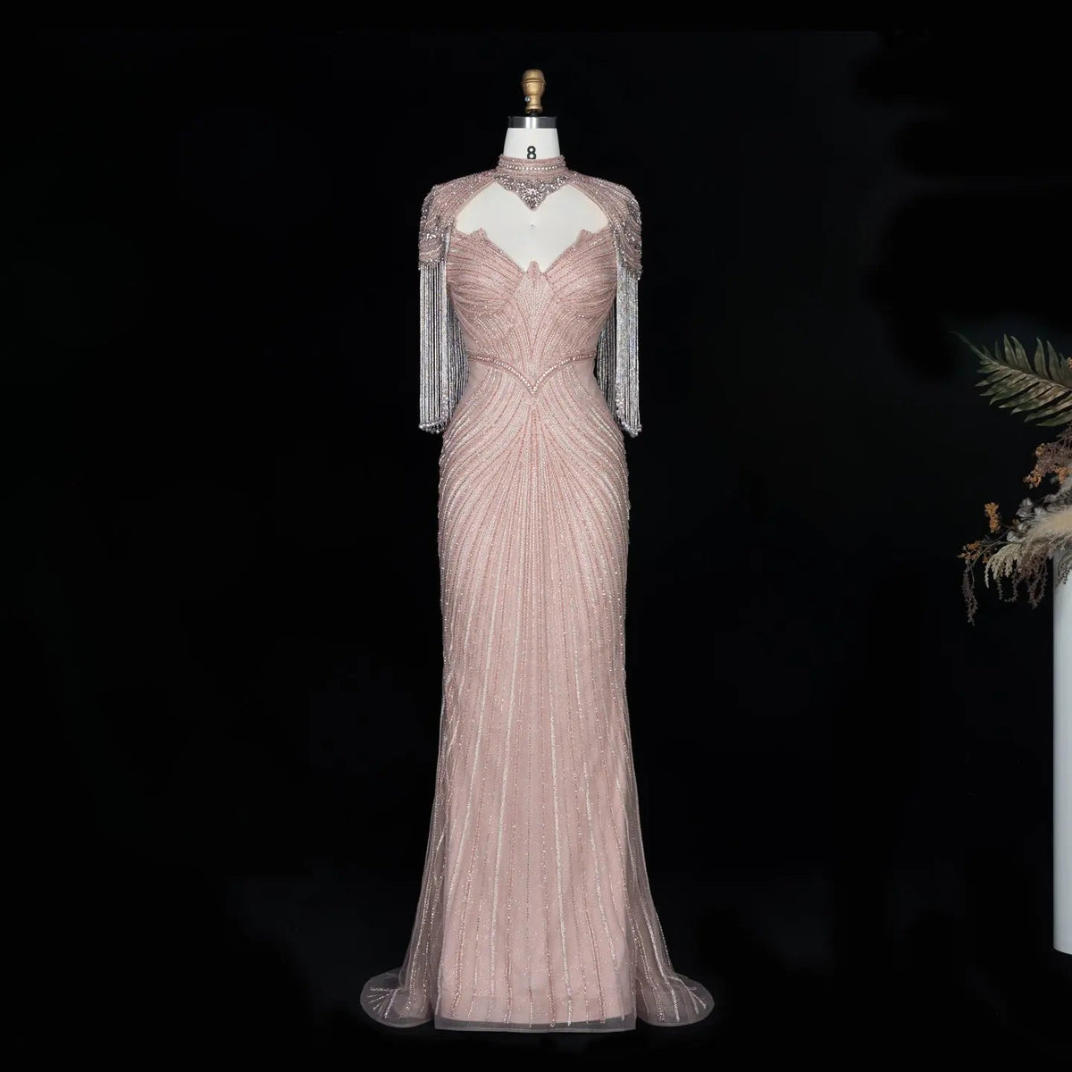 Pink Crystal Embellished Mermaid Gown with Shoulder Tassel Details SS067
