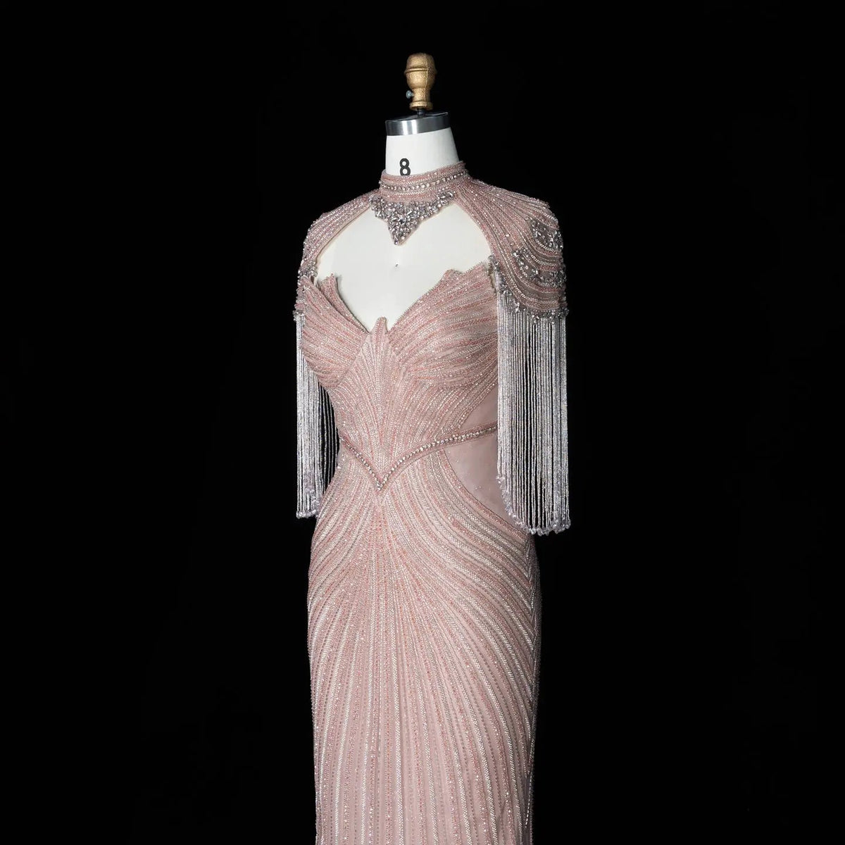 Pink Crystal Embellished Mermaid Gown with Shoulder Tassel Details SS067