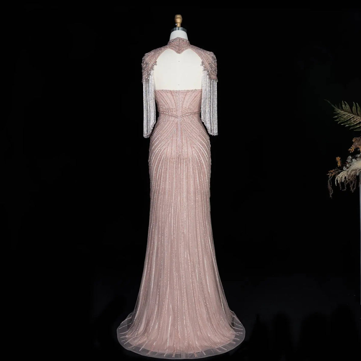 Pink Crystal Embellished Mermaid Gown with Shoulder Tassel Details SS067