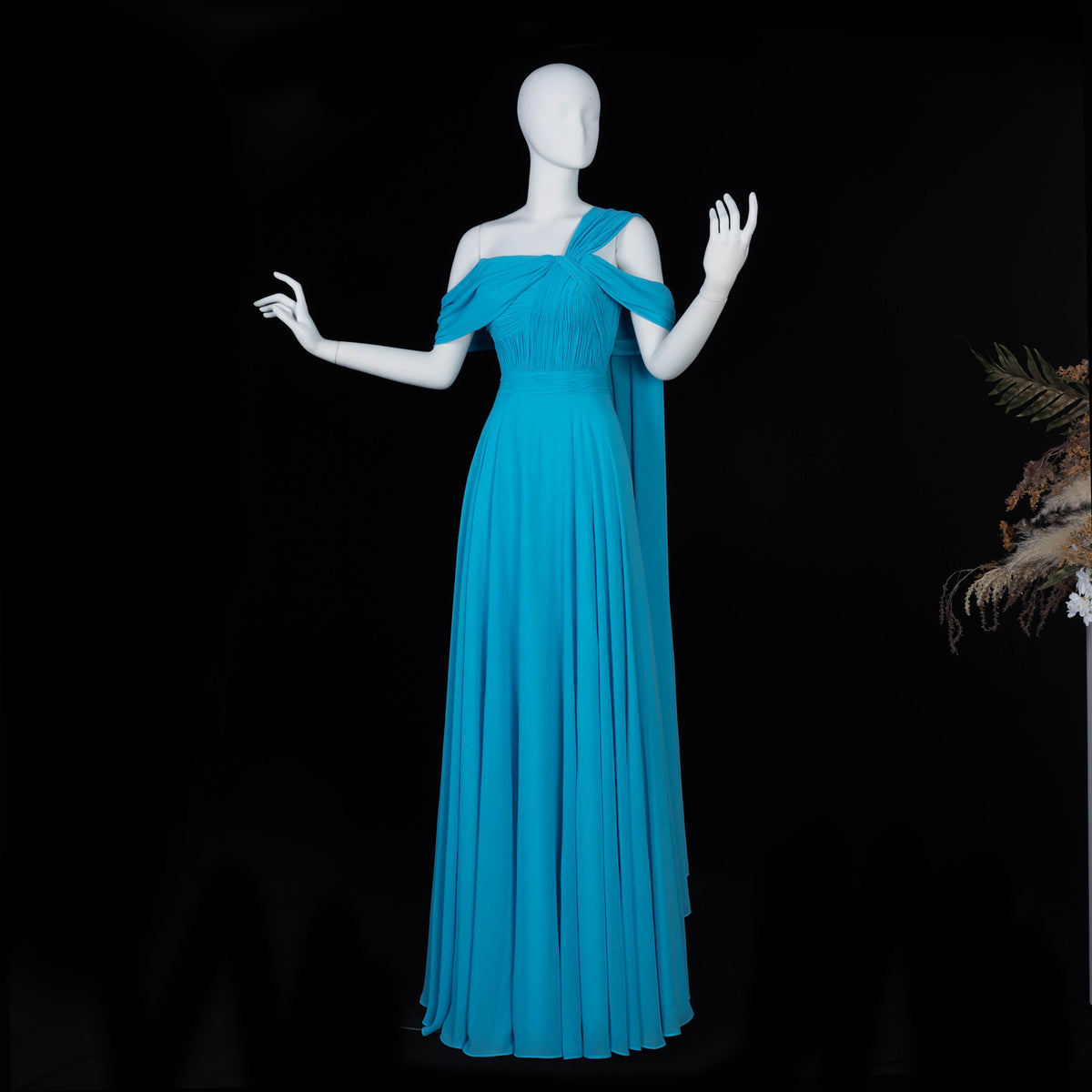 Luxury Blue Cold Shoulder Cross Neck Flowy Cape Evening Dress SF067