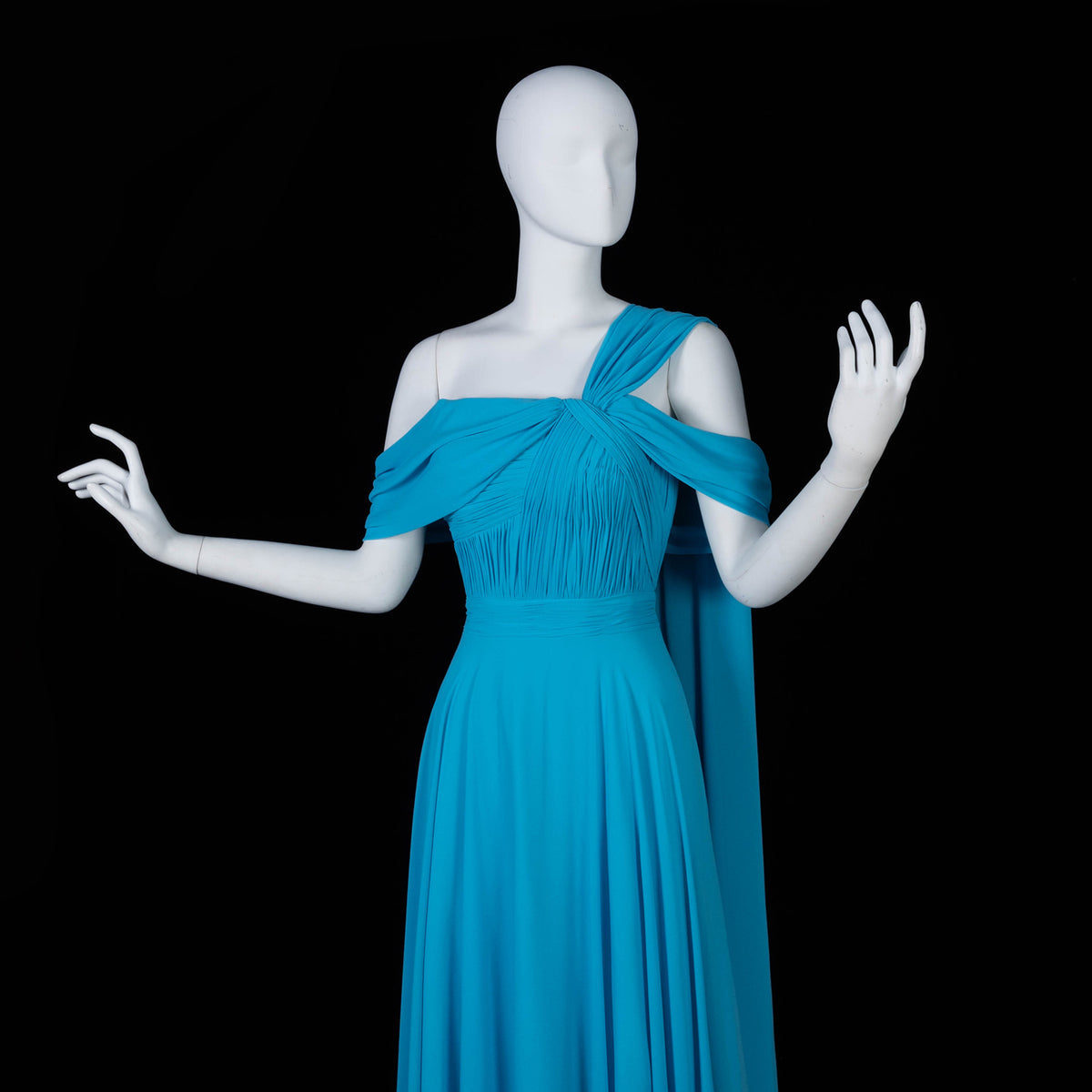 Luxury Blue Cold Shoulder Cross Neck Flowy Cape Evening Dress SF067
