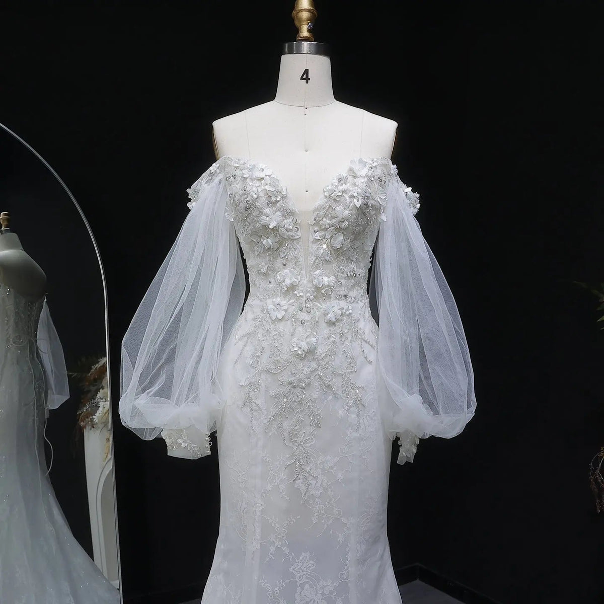 White Off‑The‑Shoulder Puff Sleeve 3D Floral Mermaid Wedding Dress SW630