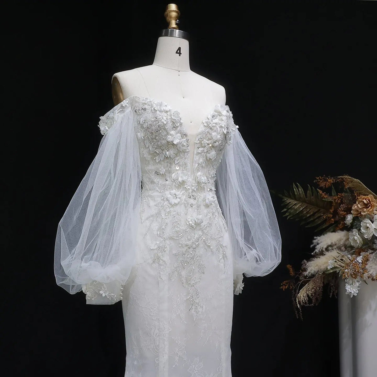 White Off‑The‑Shoulder Puff Sleeve 3D Floral Mermaid Wedding Dress SW630