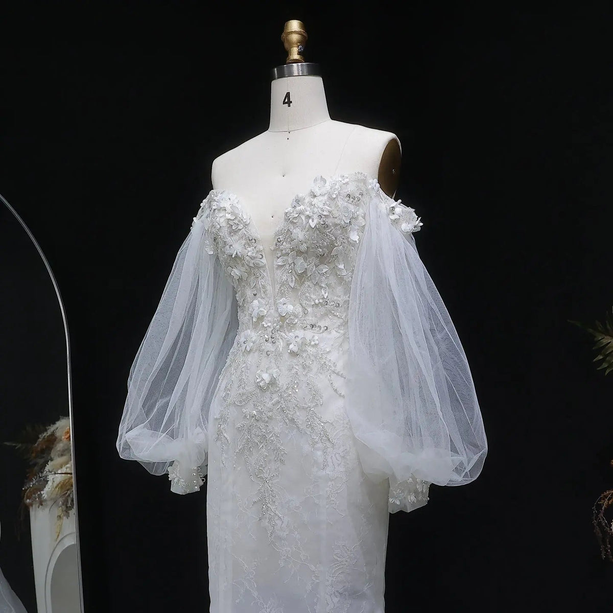 White Off‑The‑Shoulder Puff Sleeve 3D Floral Mermaid Wedding Dress SW630