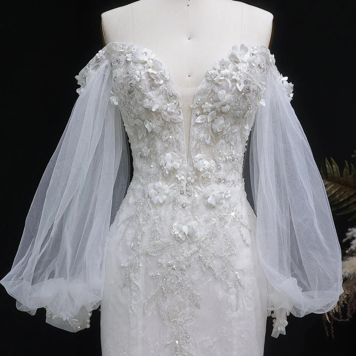 White Off‑The‑Shoulder Puff Sleeve 3D Floral Mermaid Wedding Dress SW630