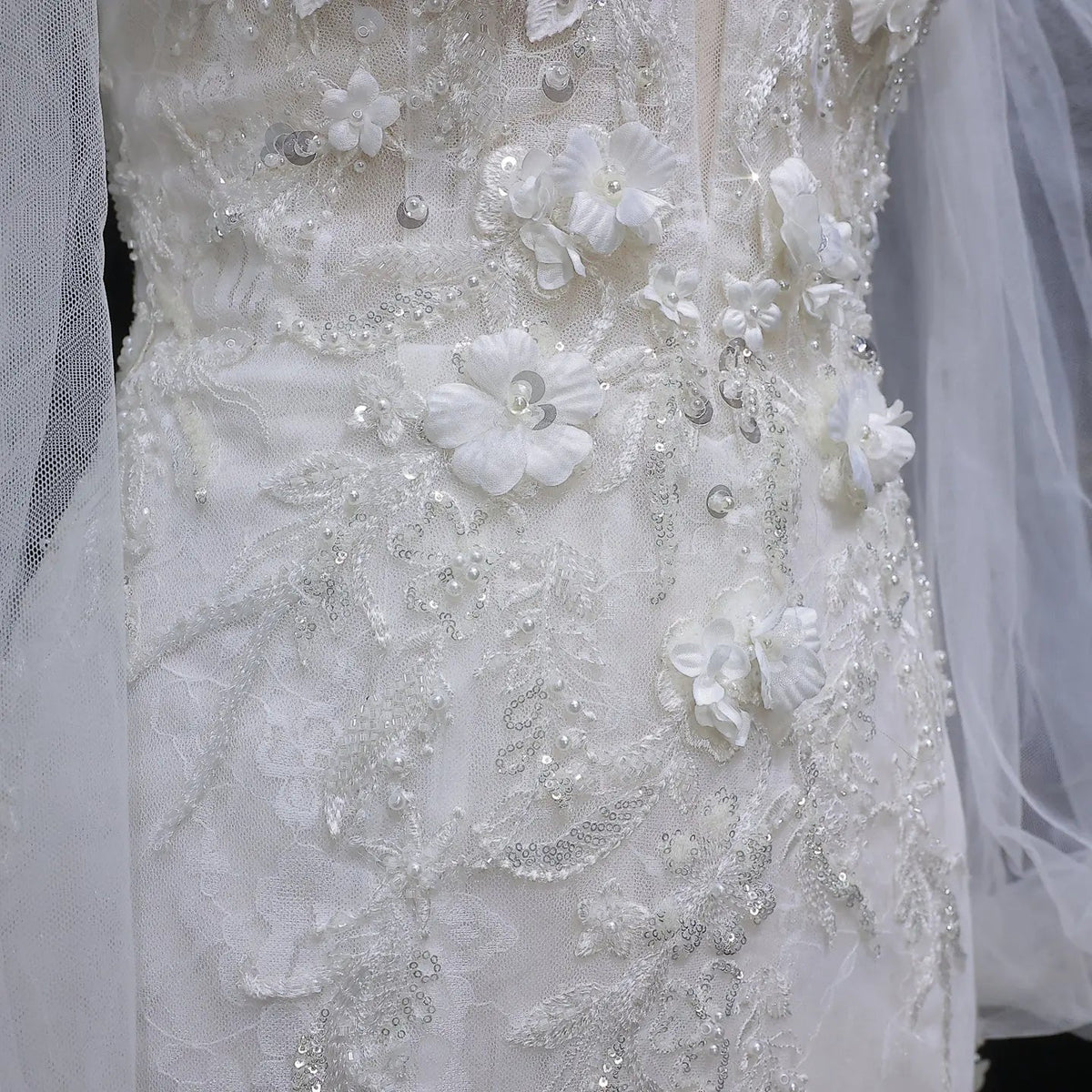 White Off‑The‑Shoulder Puff Sleeve 3D Floral Mermaid Wedding Dress SW630