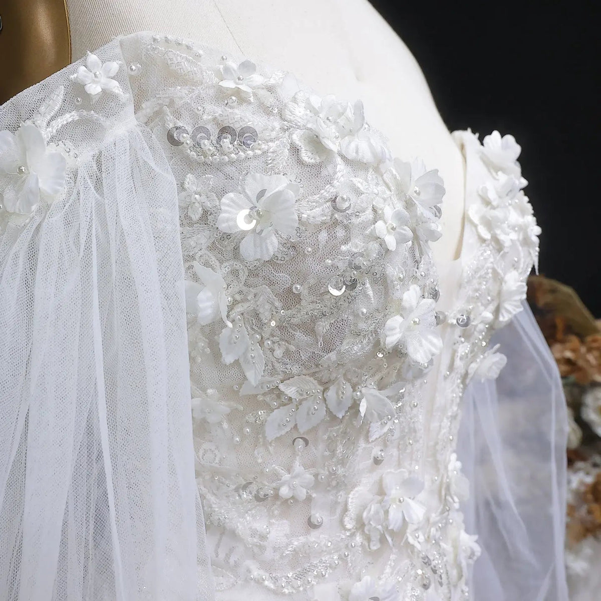 White Off‑The‑Shoulder Puff Sleeve 3D Floral Mermaid Wedding Dress SW630