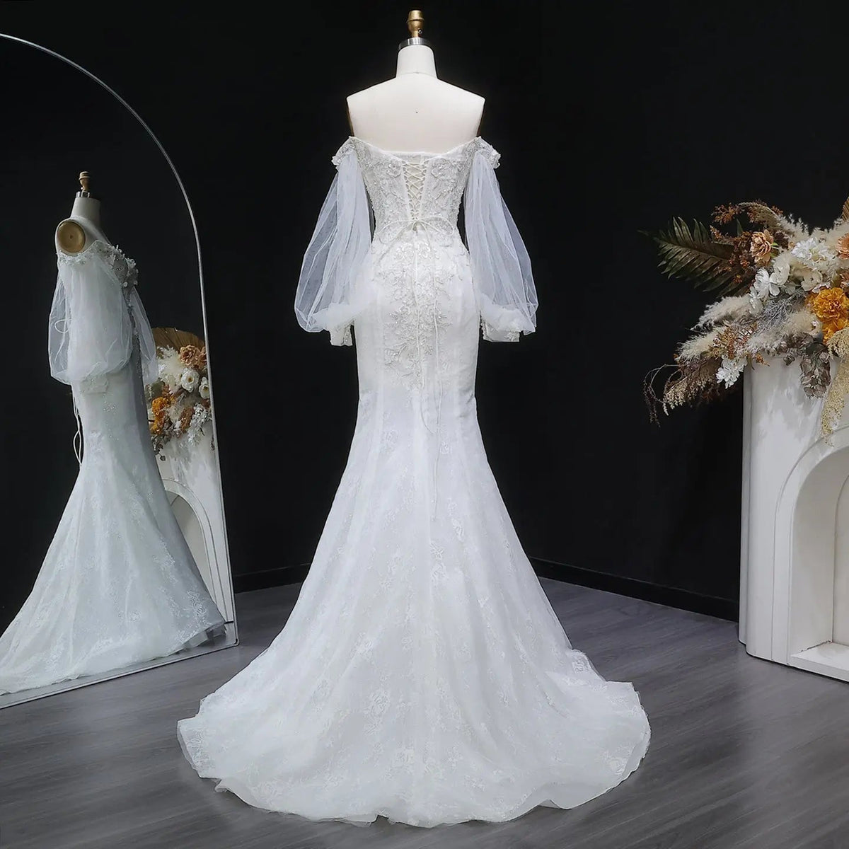 White Off‑The‑Shoulder Puff Sleeve 3D Floral Mermaid Wedding Dress SW630