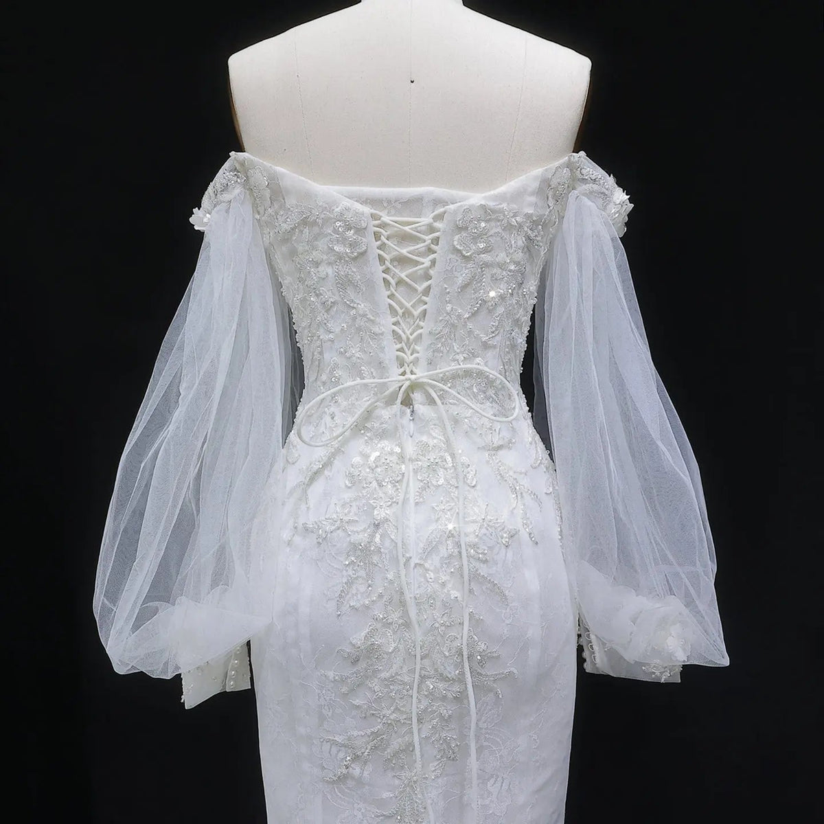 White Off‑The‑Shoulder Puff Sleeve 3D Floral Mermaid Wedding Dress SW630