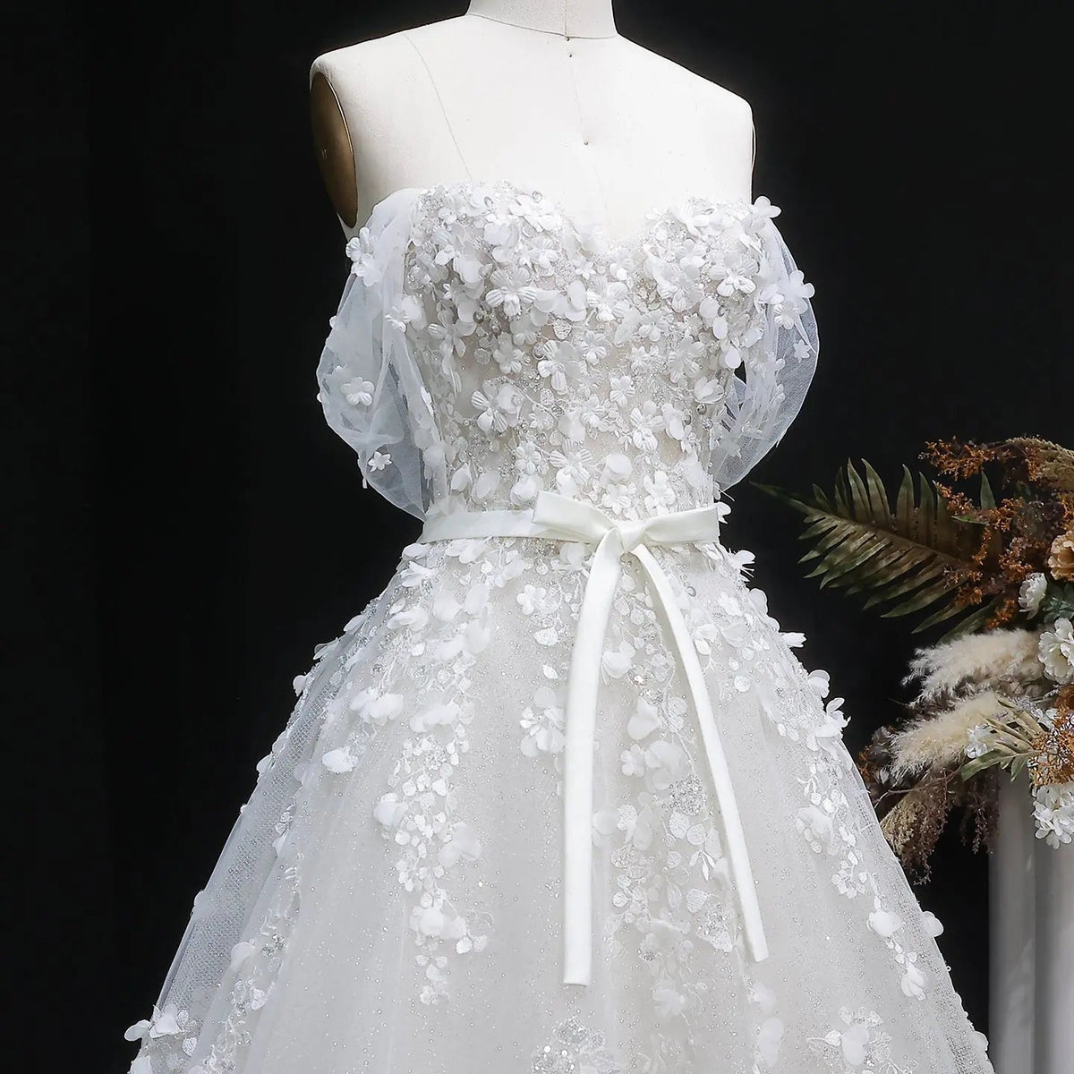 White 3D Floral Applique Sweetheart Ball Gown Wedding Dress SW629