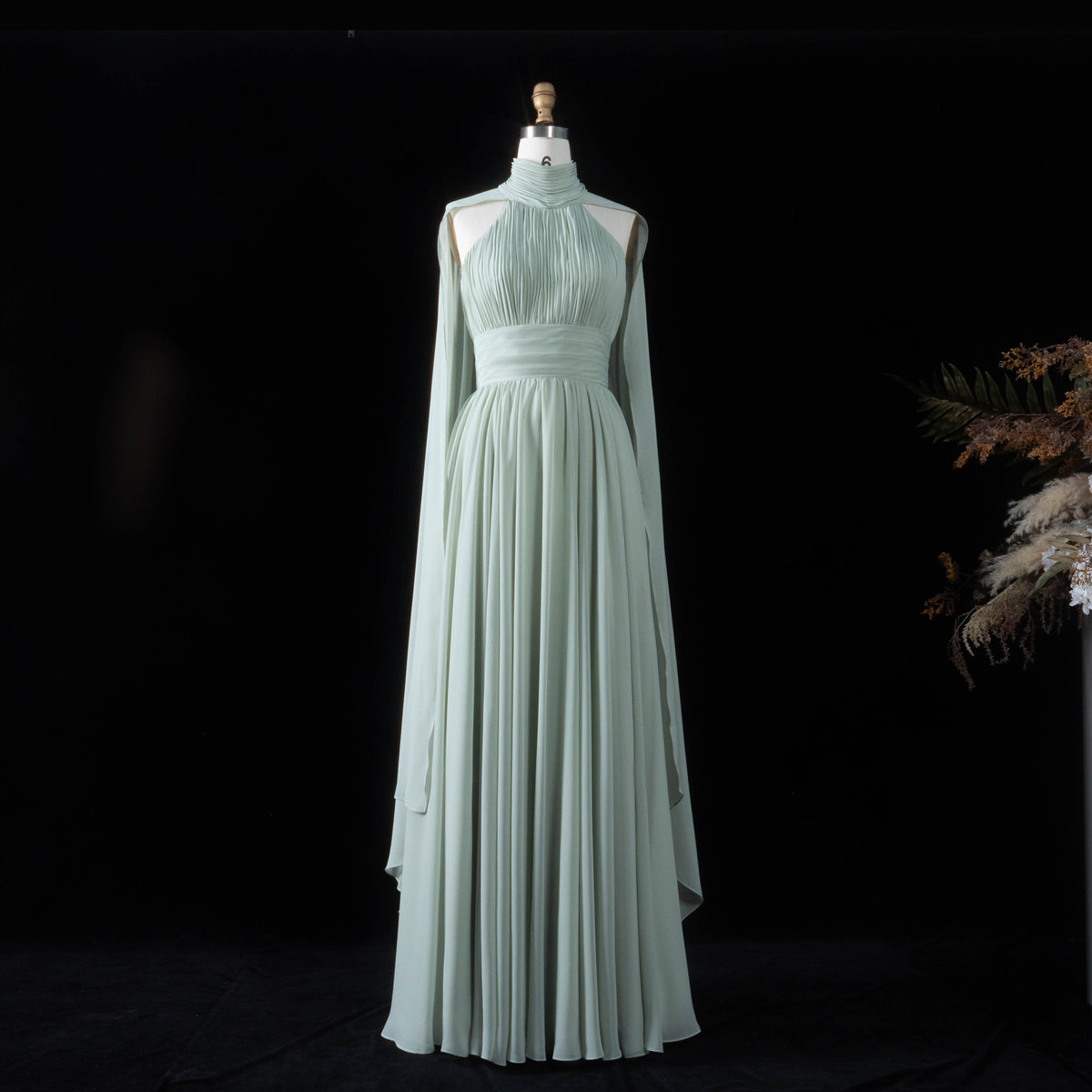 Glamorous Sage Green Airy Pleat Mesh Side Cape Stream A-Line Evening Dress SF187