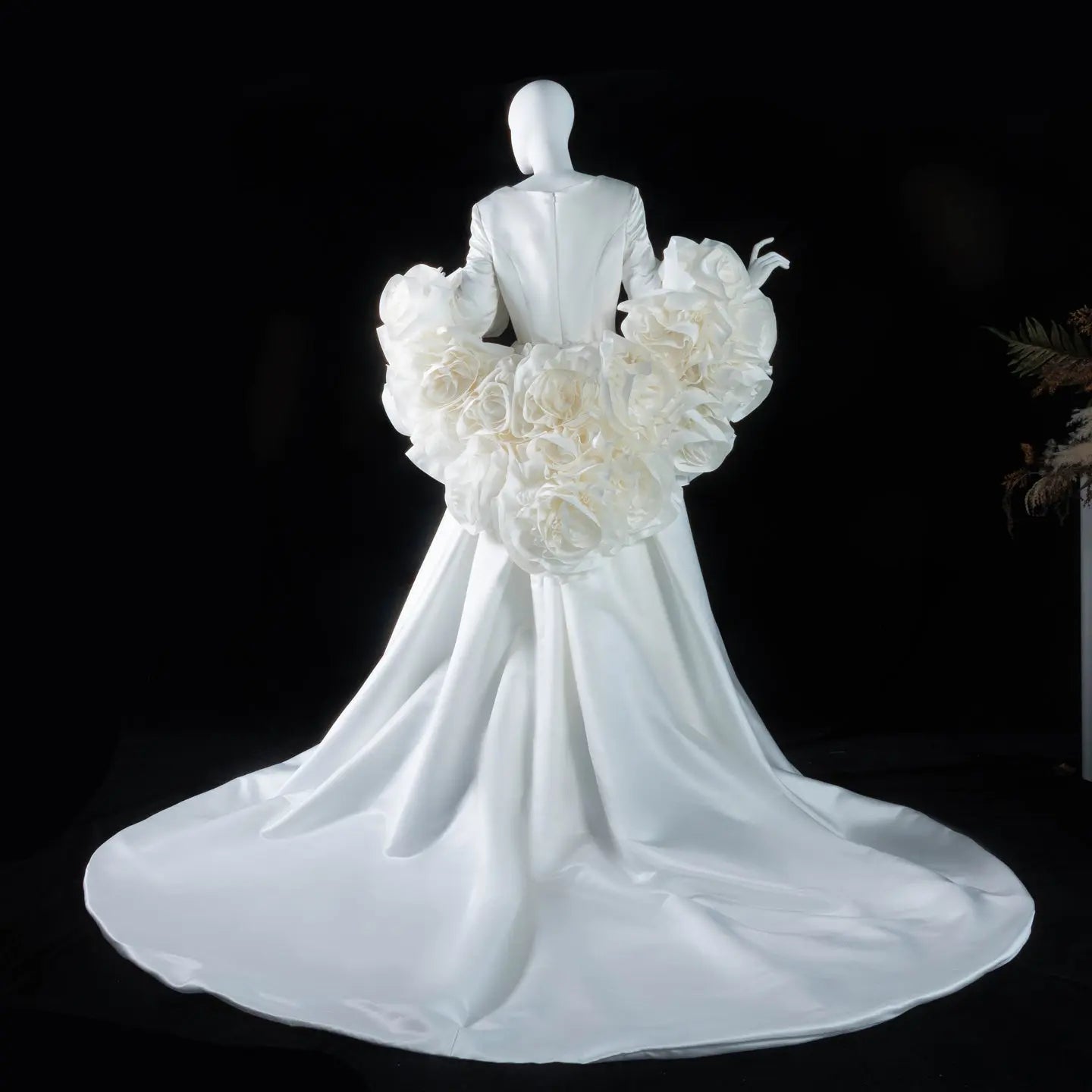 Ivory Romantic A-Line Satin Wedding Dress 3D Rose Floral With Veil SW661 - Ivory