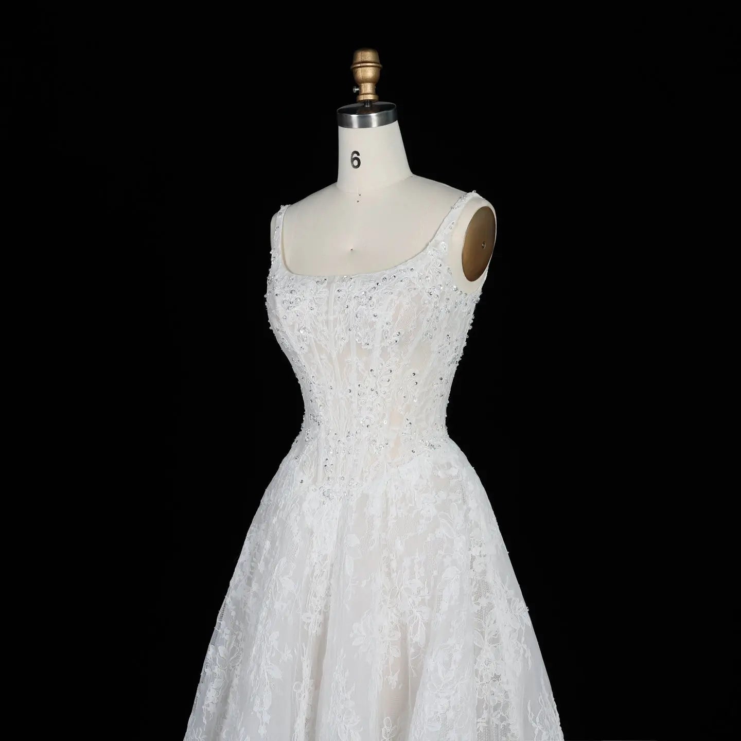 White Lace Spaghetti Strap Bridal Gown Square Neck Beaded Corset Ball Gown SW612 - White