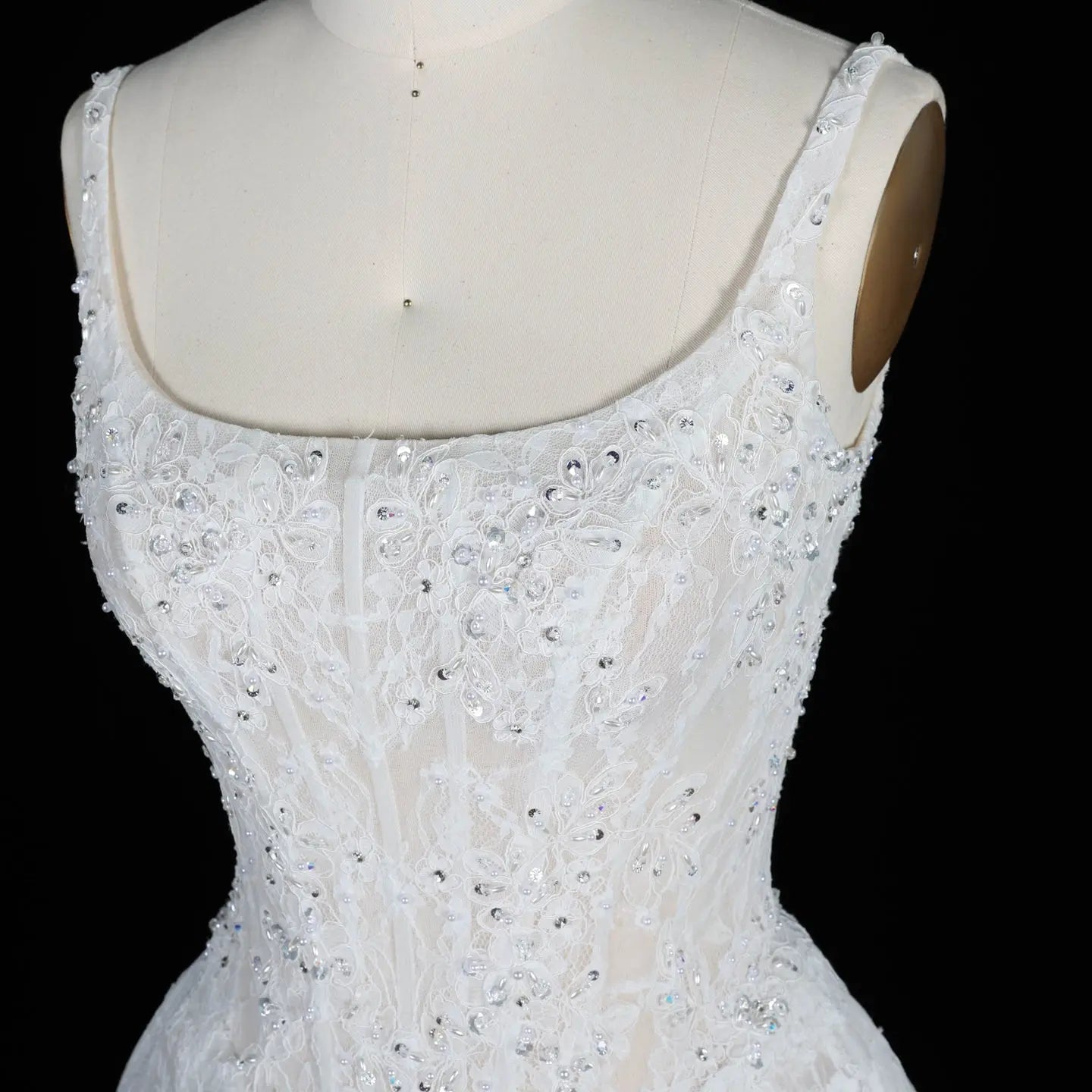 White Lace Spaghetti Strap Bridal Gown Square Neck Beaded Corset Ball Gown SW612 - White