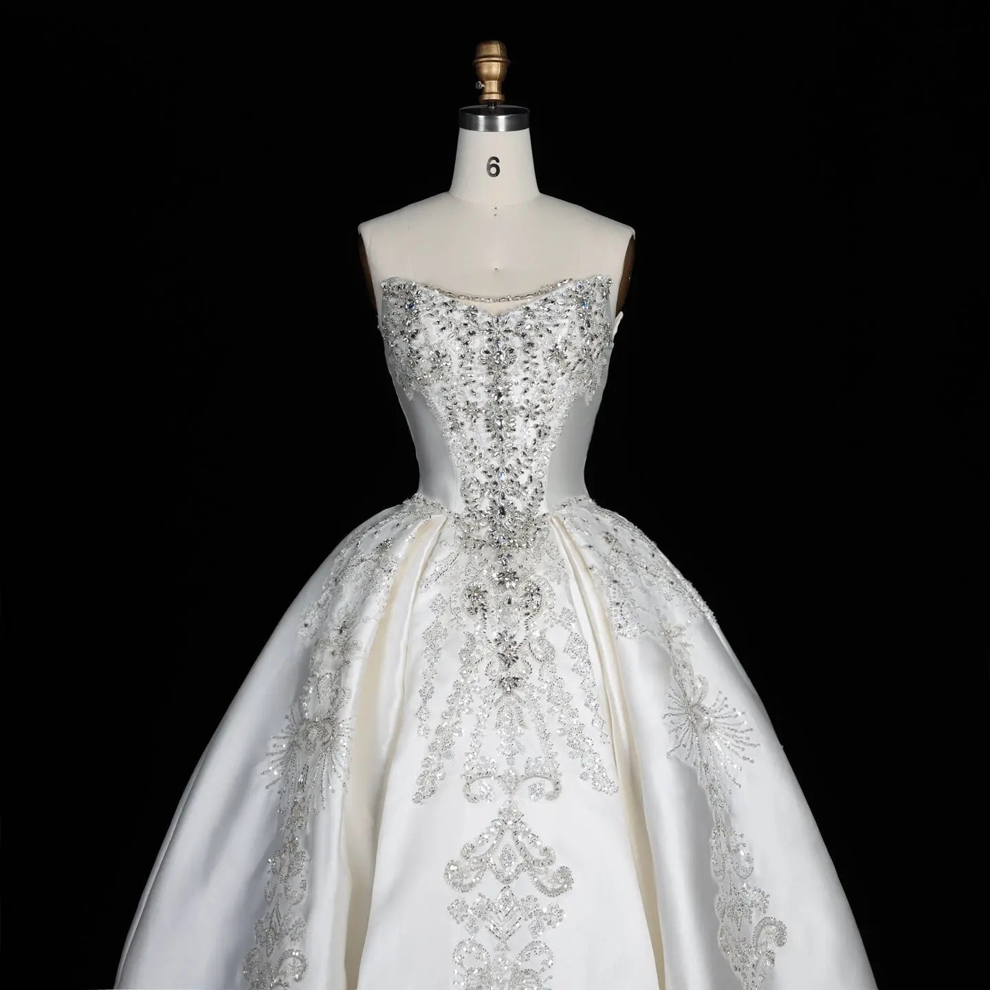 White Satin Strapless Ball Gown Wedding Dress with Luxurious Beaded Lace and Cathedral Train SW676 - White