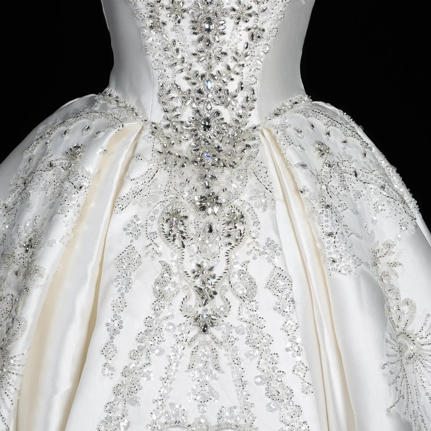 White Satin Strapless Ball Gown Wedding Dress with Luxurious Beaded Lace and Cathedral Train SW676 - White