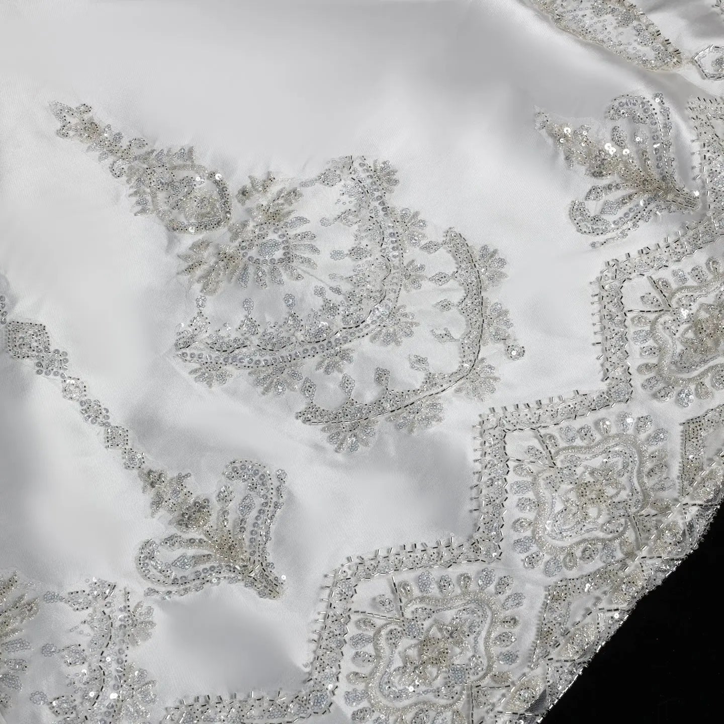 White Satin Strapless Ball Gown Wedding Dress with Luxurious Beaded Lace and Cathedral Train SW676