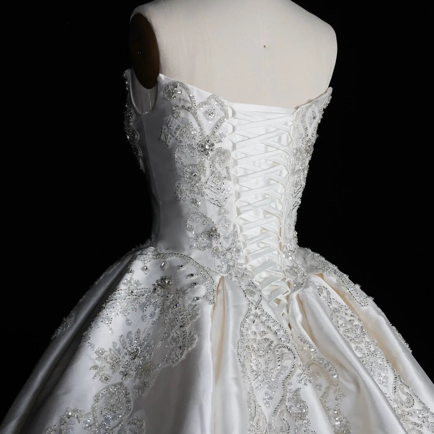 White Satin Strapless Ball Gown Wedding Dress with Luxurious Beaded Lace and Cathedral Train SW676
