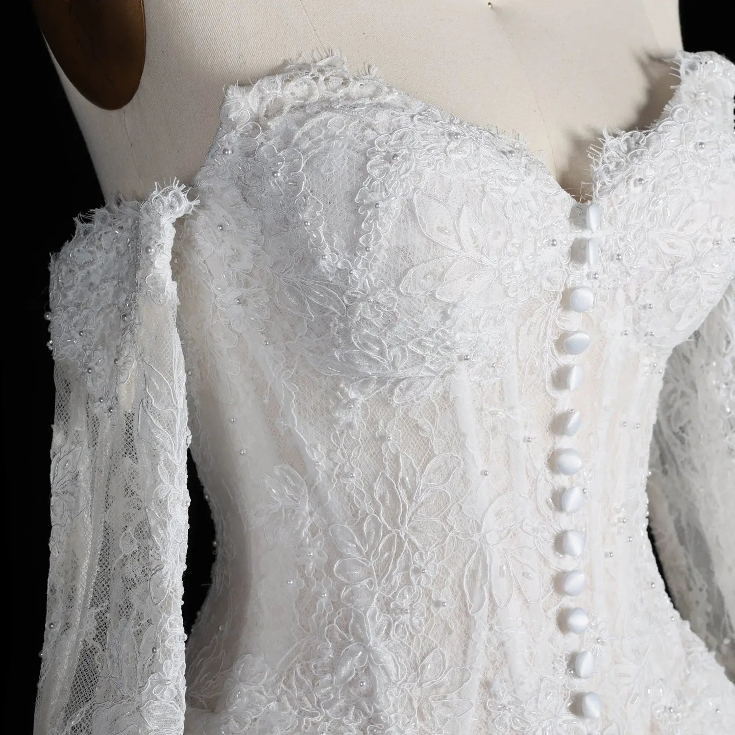 White Floral Lace Ball Gown Wedding Dress with Sweetheart Neckline and Detachable Long Sleeves SW677 - White