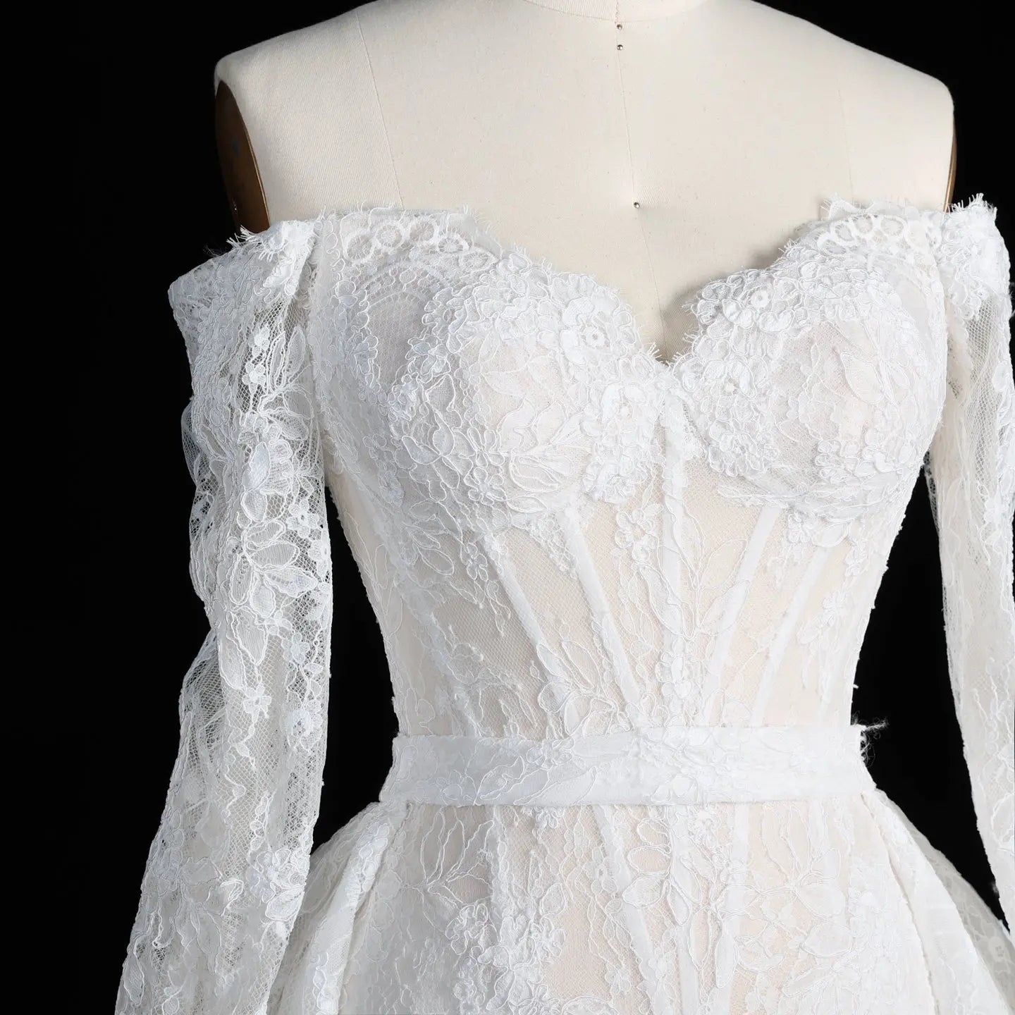 White Lace Mermaid Wedding Dress Off the Shoulder with Detachable Train and Long Sleeves SW678 - White