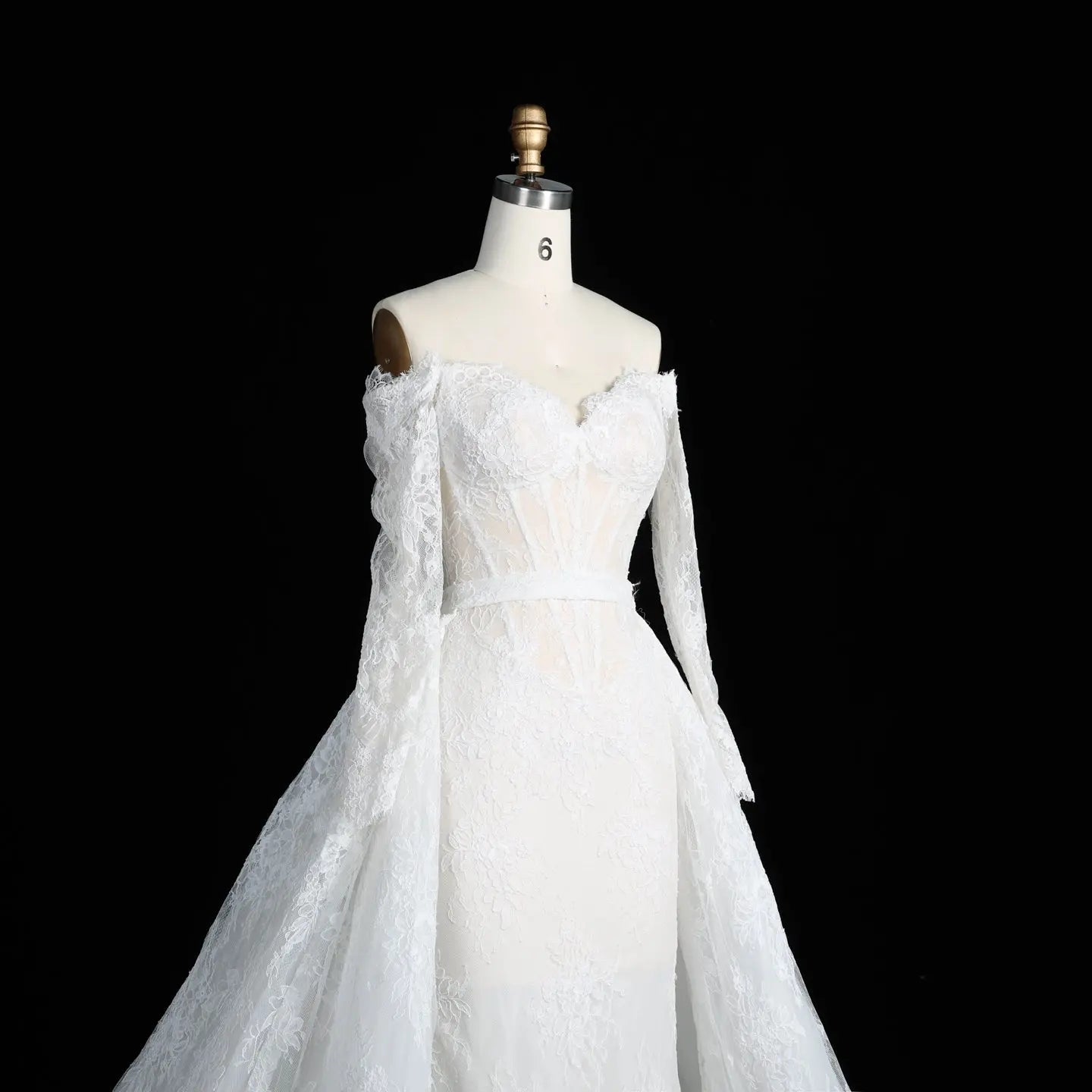 White Lace Mermaid Wedding Dress Off the Shoulder with Detachable Train and Long Sleeves SW678 - White