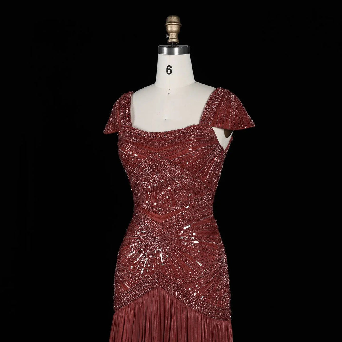 Rust Red Sequin Cap Sleeve Pleated Formal Evening Gown SS325