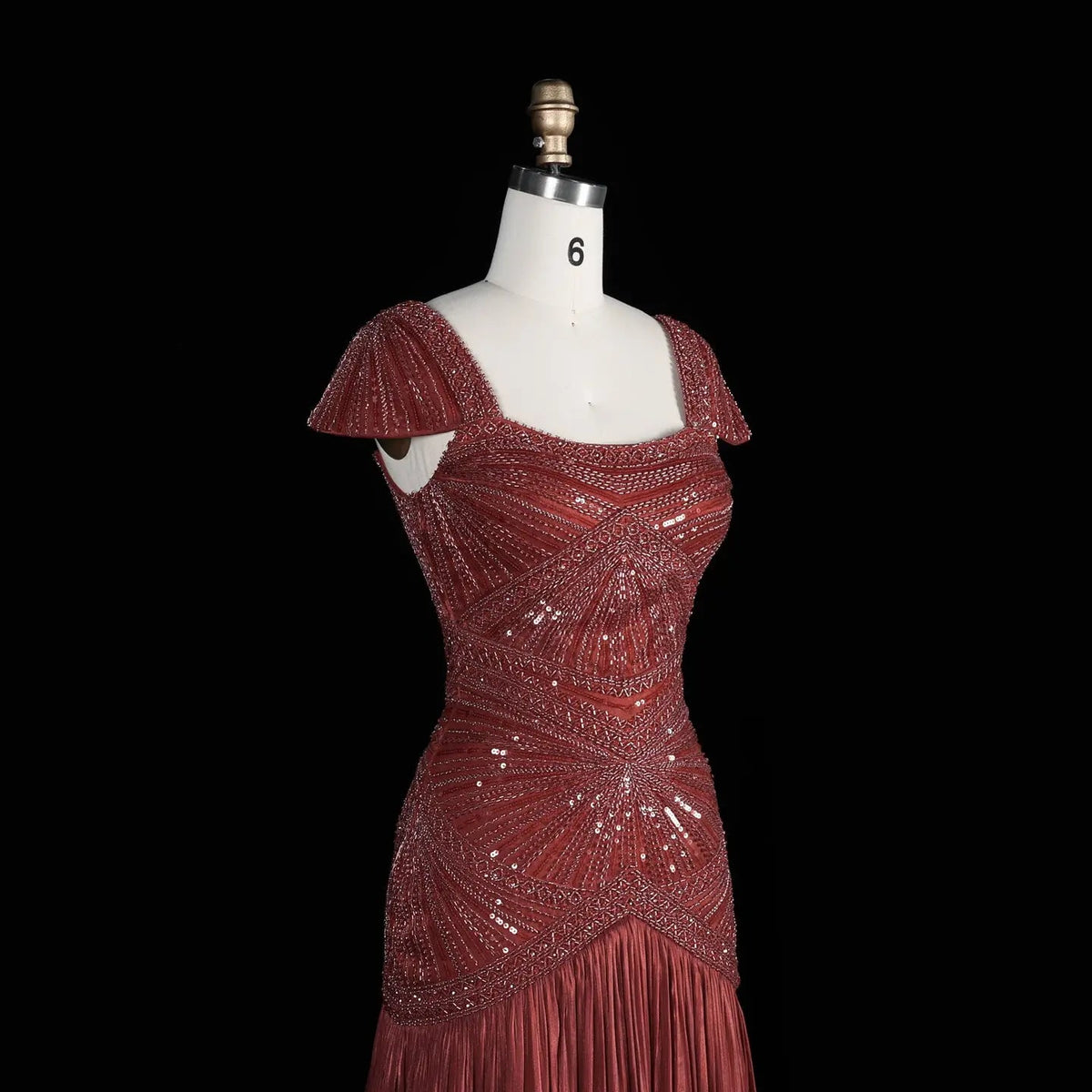 Rust Red Sequin Cap Sleeve Pleated Formal Evening Gown SS325