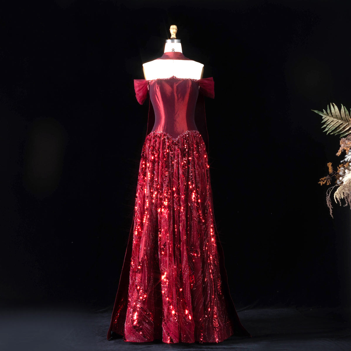 Luxury Wine Red Beaded Sequin Off-Shoulder Evening Dress with Scarf SS652