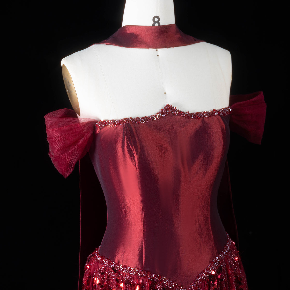 Luxury Wine Red Beaded Sequin Off-Shoulder Evening Dress with Scarf SS652