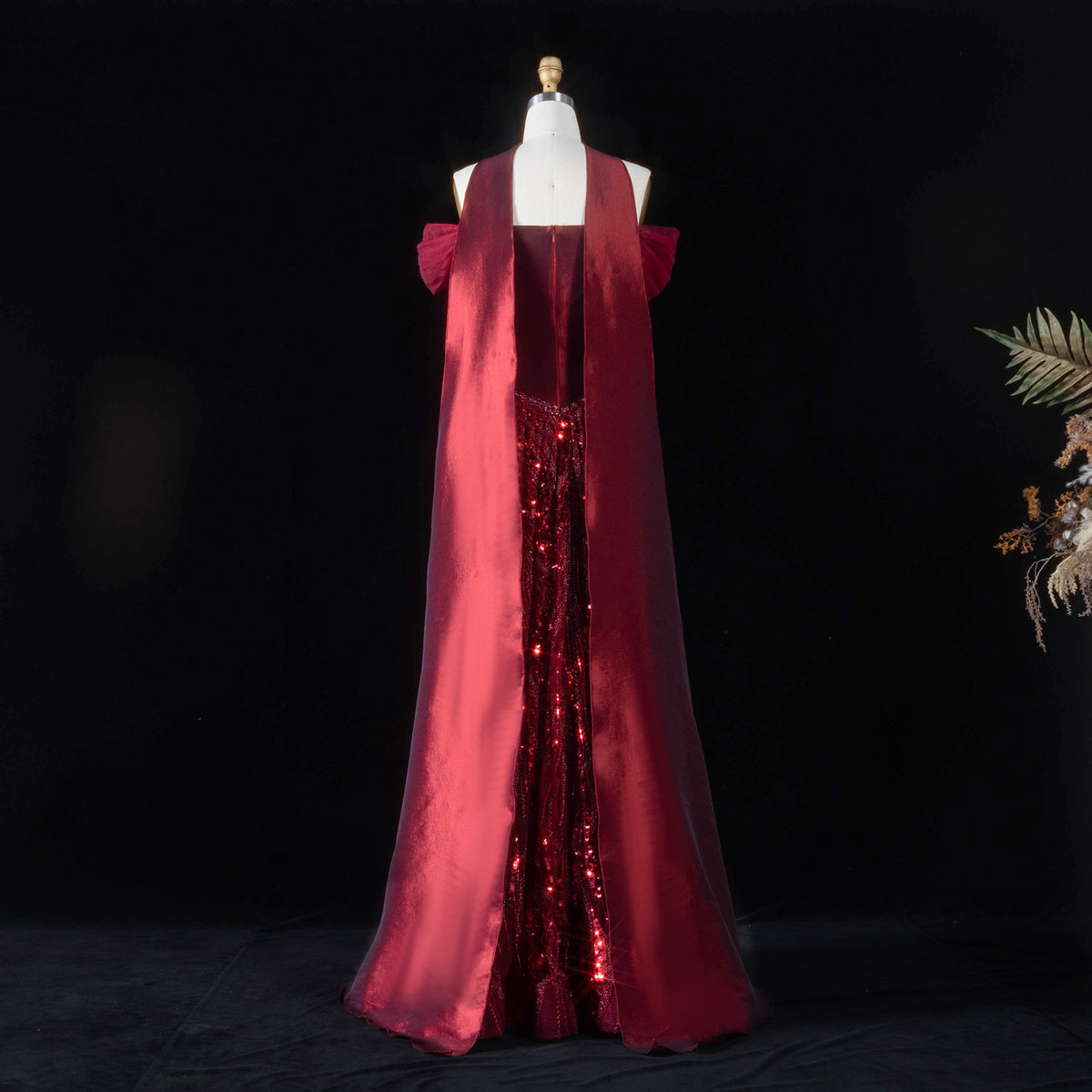 Luxury Wine Red Beaded Sequin Off-Shoulder Evening Dress with Scarf SS652