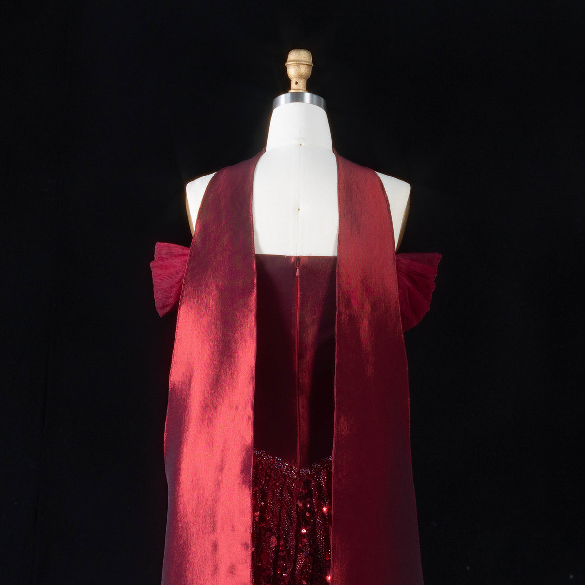 Luxury Wine Red Beaded Sequin Off-Shoulder Evening Dress with Scarf SS652
