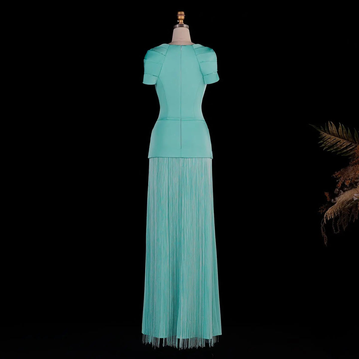 Aqua Blue Drop Waist Crystal Beaded Sheath Dress with Flowing Long Tassels SS292