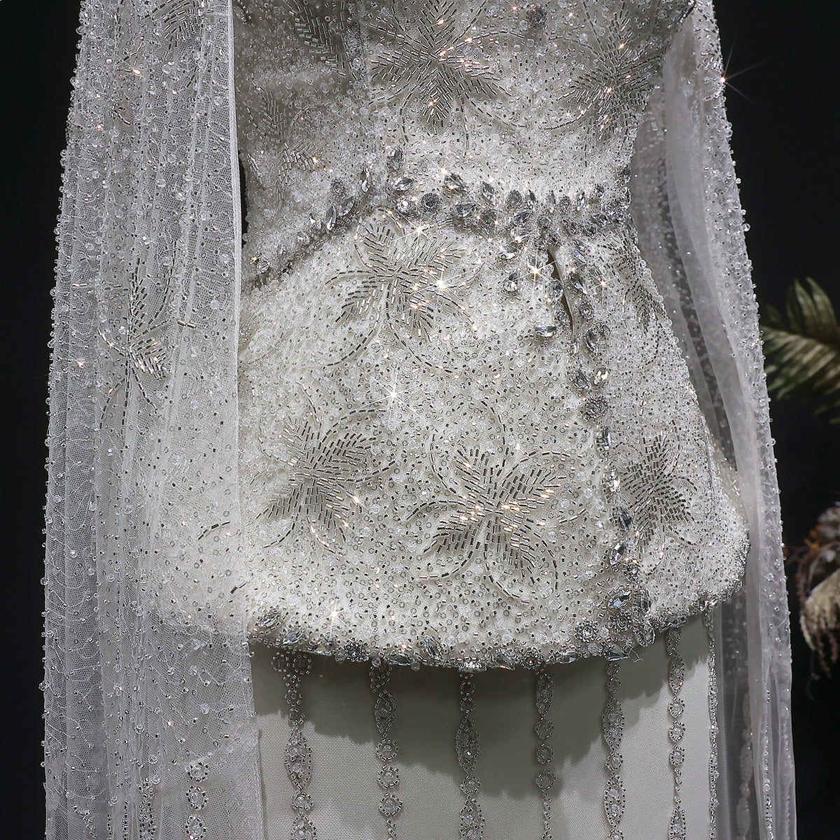 Glamorous Silver High Neck Sheer Evening Dress with Cape Sleeves SS531