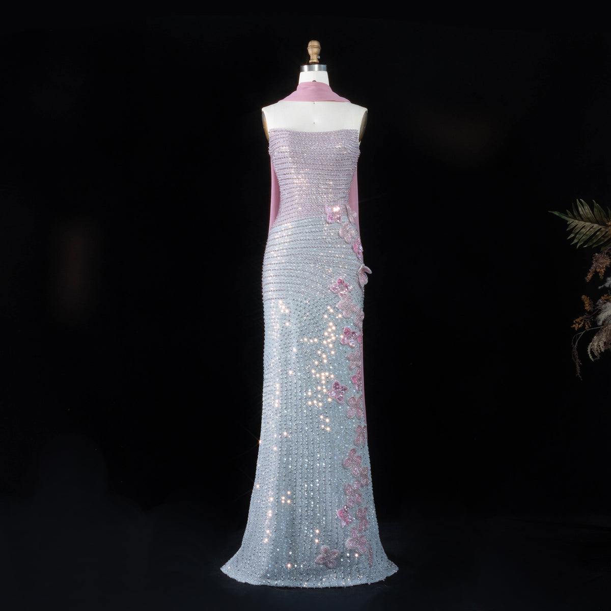 Glamorous Gradient Pink Silver Floral Sequin Mermaid Evening Dress with Scarf SS534