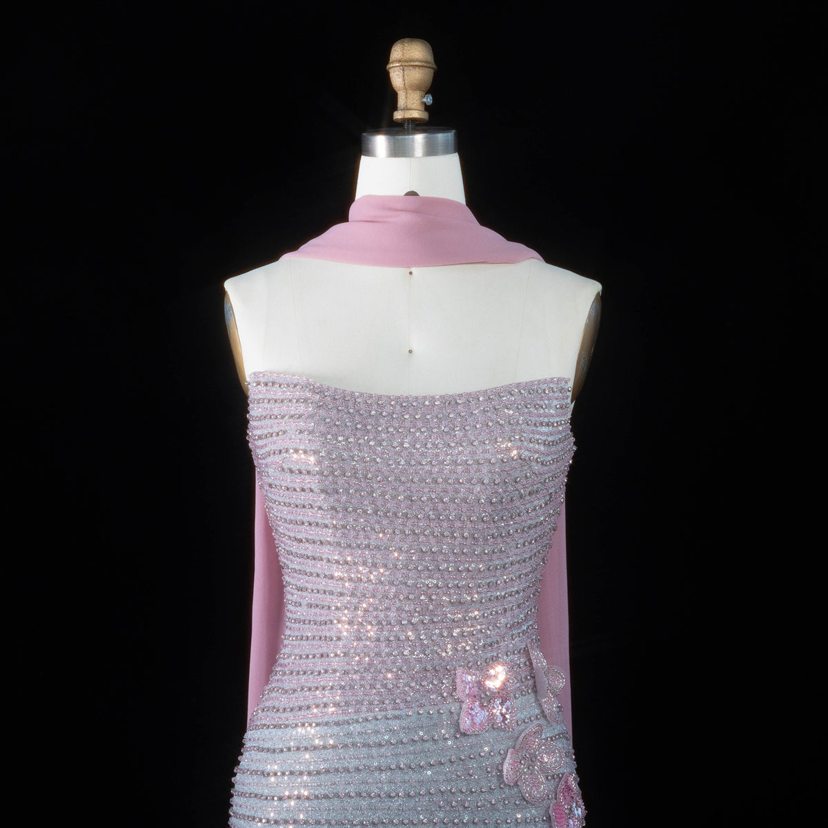 Glamorous Gradient Pink Silver Floral Sequin Mermaid Evening Dress with Scarf SS534