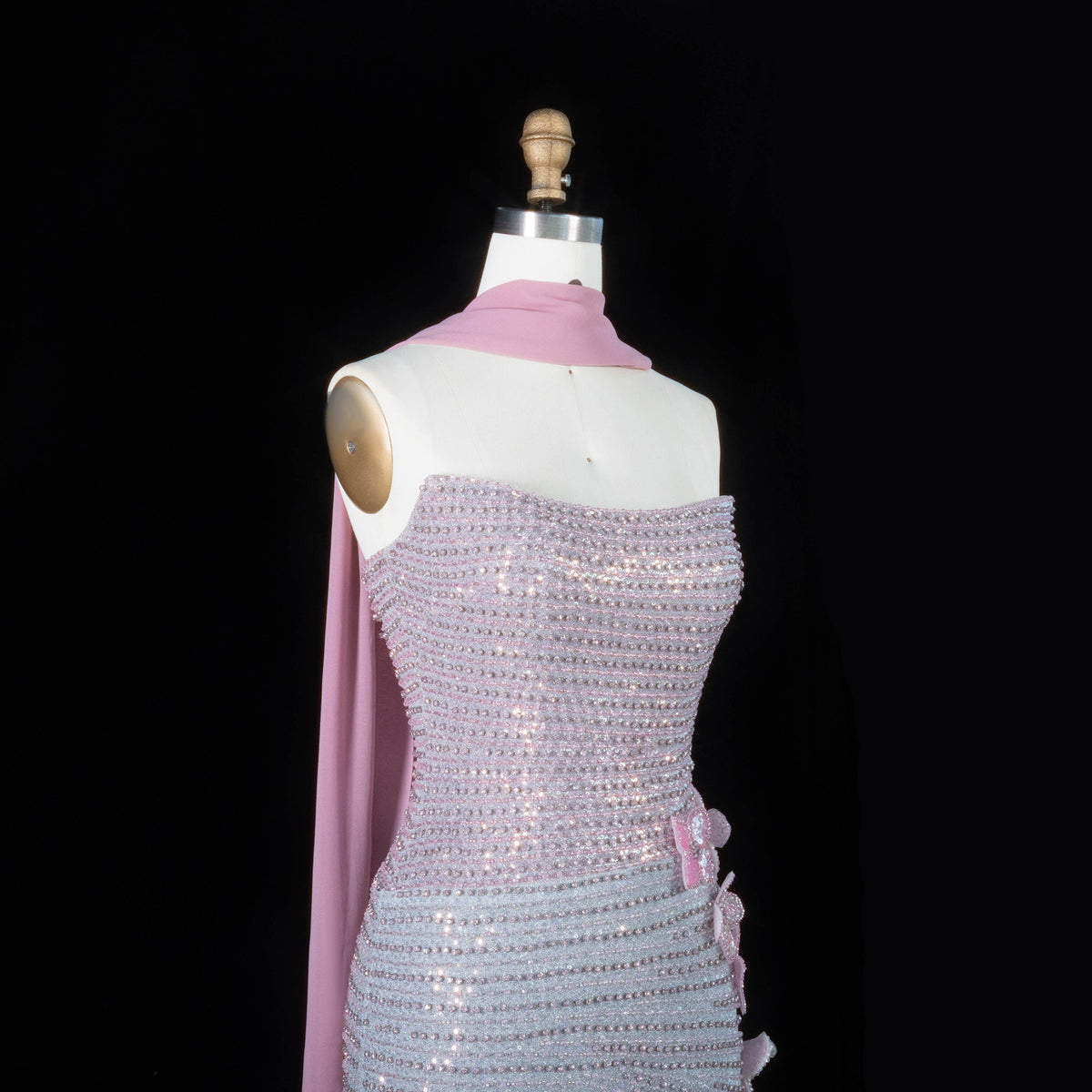 Glamorous Gradient Pink Silver Floral Sequin Mermaid Evening Dress with Scarf SS534