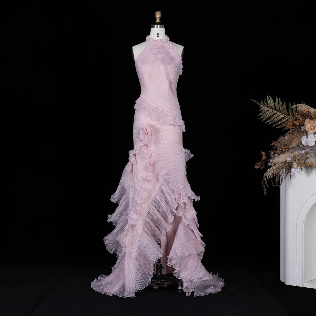 Pink Lace Halter Neck Ruffle Mermaid Evening Dress SF216