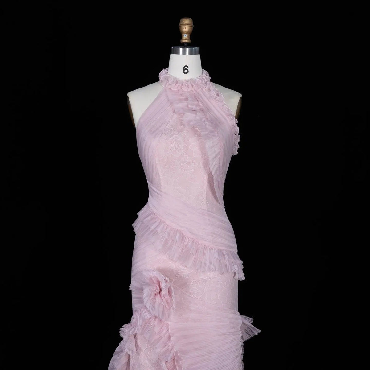 Pink Lace Halter Neck Ruffle Mermaid Evening Dress SF216