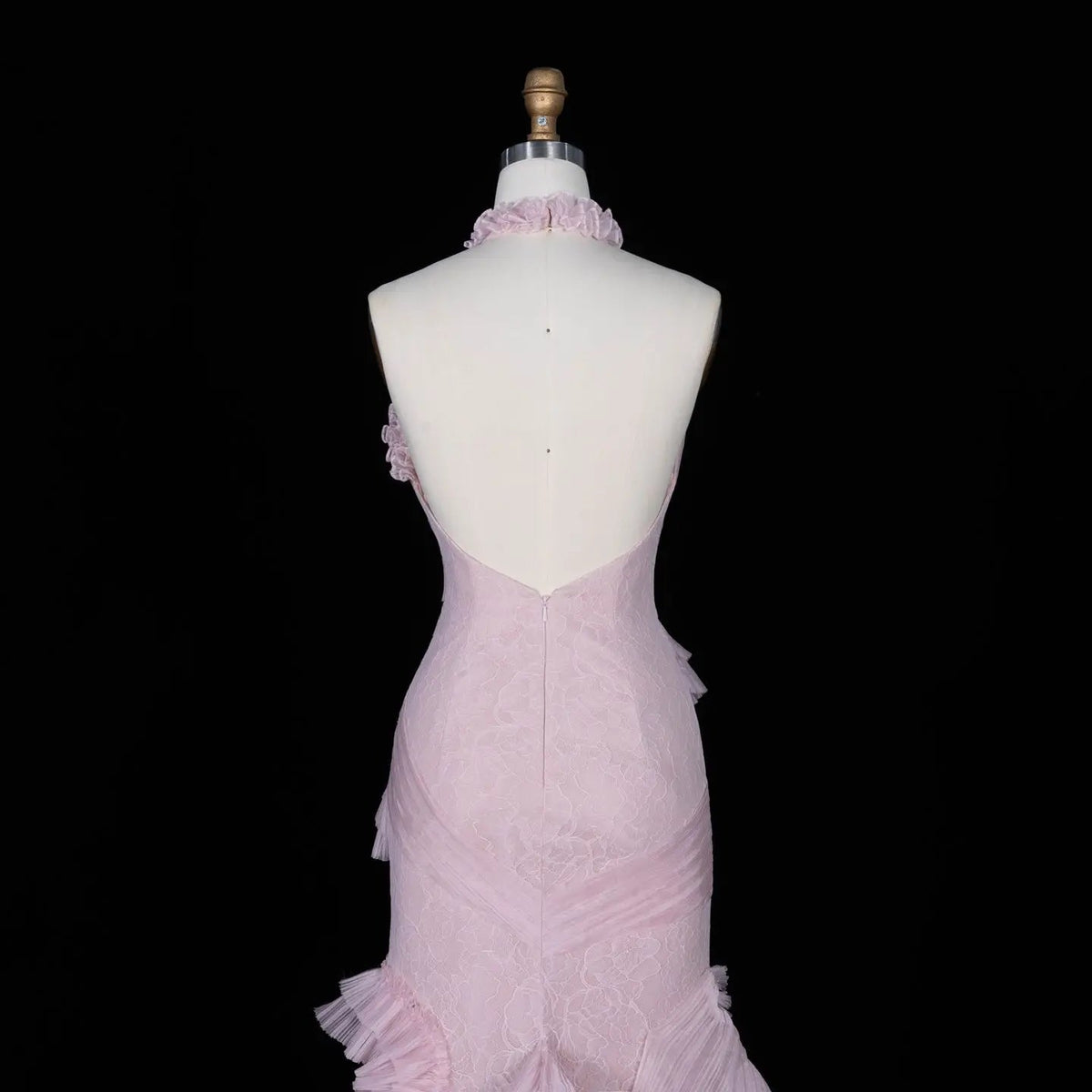 Pink Lace Halter Neck Ruffle Mermaid Evening Dress SF216