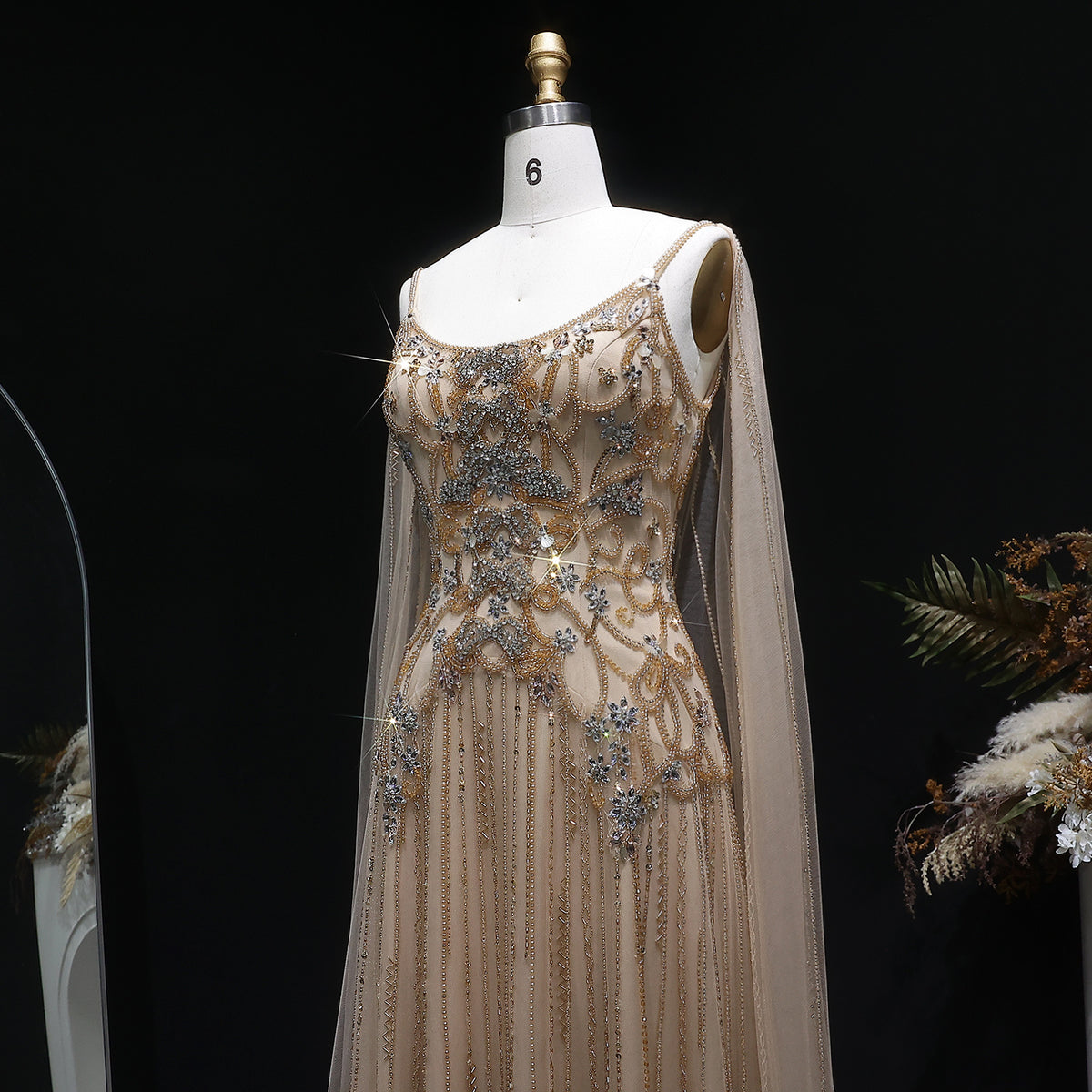 Luxury Champagne Crystal Beaded Sheer Cape Sleeve Evening Dress SS538