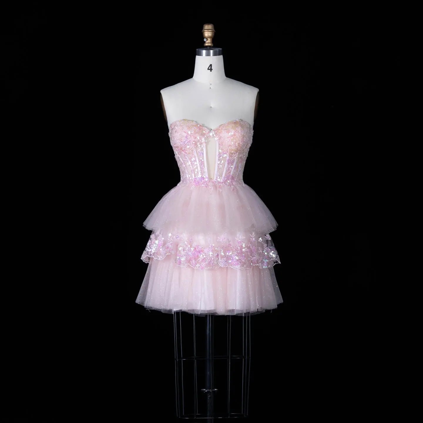 Pink Sequin Corset Mini Dress Strapless Tiered Tulle Homecoming Party Dress RM144