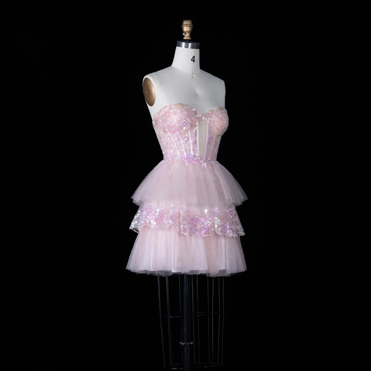 Pink Sequin Corset Mini Dress Strapless Tiered Tulle Homecoming Party Dress RM144