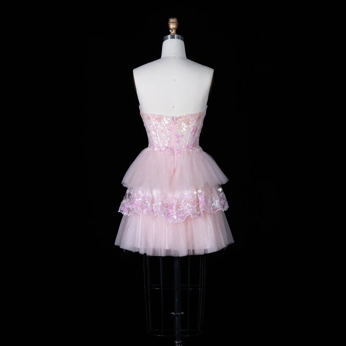 Pink Sequin Corset Mini Dress Strapless Tiered Tulle Homecoming Party Dress RM144